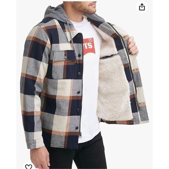 Levi's Men's Shirt Jacket with Soft Faux Fur Lining and Jersey Hood - Picture 1 of 6